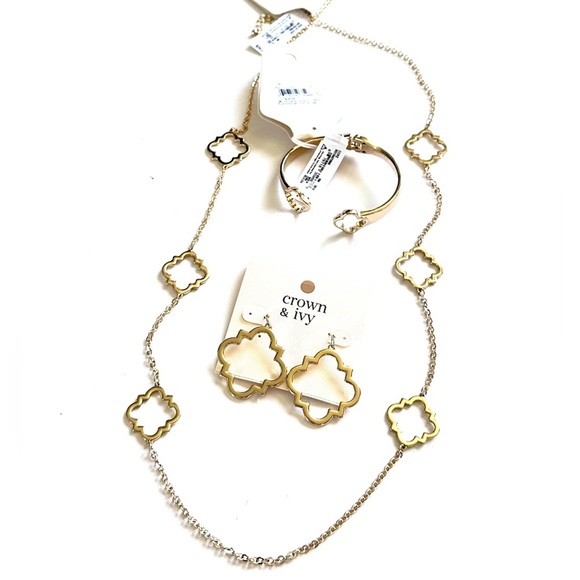 CROWN & IVY Gold Classic Jewelry Set | Necklace, Bracelet & Earrings | NWT - Picture 1 of 16